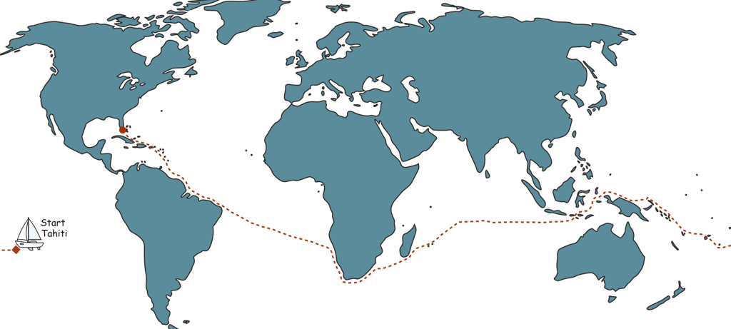 Sailing map from Tahiti to Florida through Polynesia, Indonesia, and around Africa