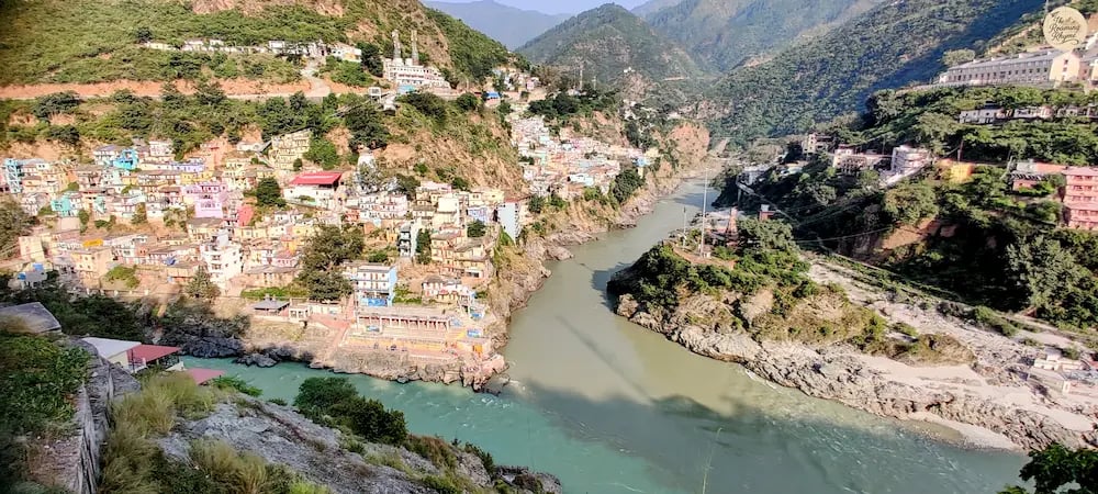 Devprayag confluence of Alaknanda and Bhagirathi rivers, sacred site in Uttarakhand Himalayas