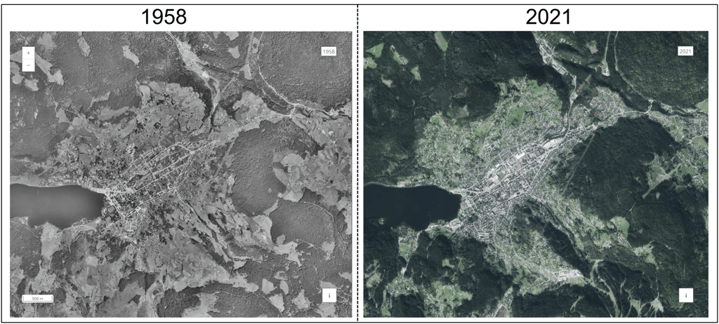 Aerial photos of the forest around the town of Gérardmer (France) in 1958 and 2021