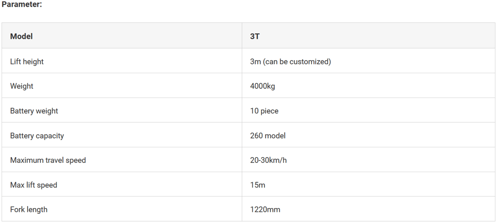 Brand New 3T Electric Forklift specification image