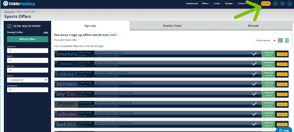 OIddsmonkey completed offers sign ups welcome offers free bets