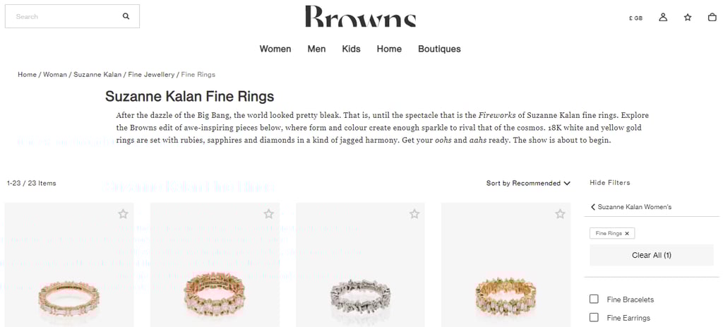 Screenshot of Browns website showing Suzanne Kalan rings (jewellery) with my copy