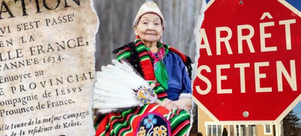 a woman in a colorful dress surrounded by an old manuscript and a bilingual stop sign
