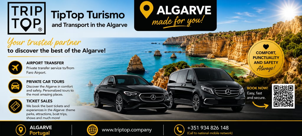 TipTop Turismo airport transfer and private car tours in Algarve, Portugal with black Mercedes vehicles.