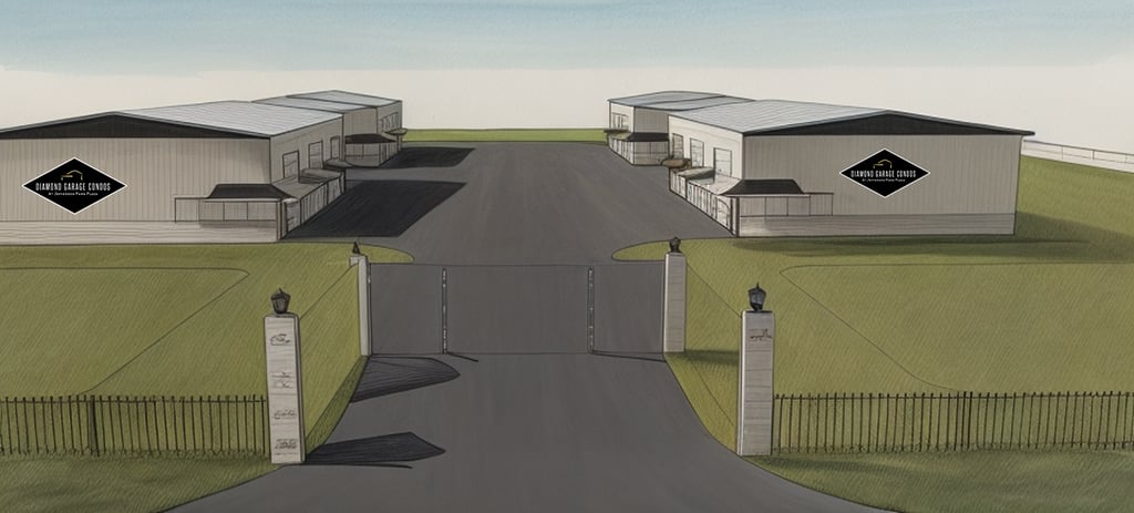Rendering of a road with a gated entrance to Diamond Garage Condos