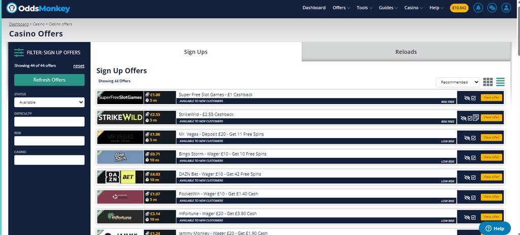 oddsmonkey casino offers page