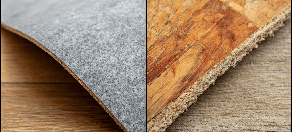 Close-up comparison showing vinyl flooring's layered synthetic backing on the left versus linoleum f