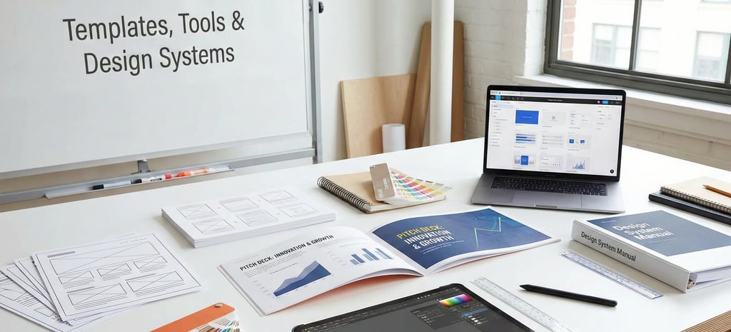 A professional workspace featuring digital and physical tools, manuals, and templates for building d