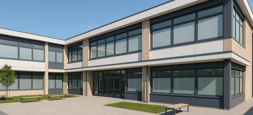 Scuola moderna con grandi finestre dotate di pellicole LCD Smart Film oscuranti, con cortile esterno