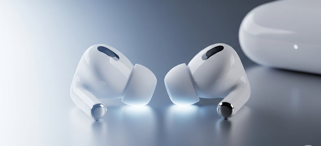 um par de fones de ouvido, sendo um deles branco.