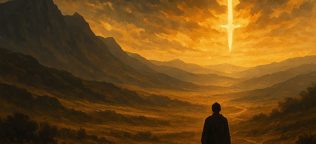 Standing in a valley before cross in sky