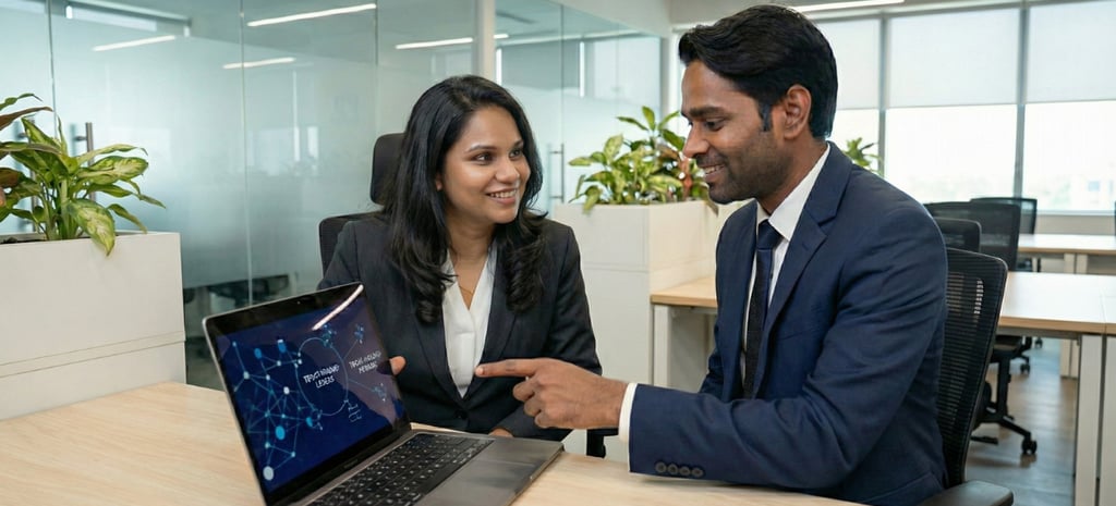 Two professionals discussing LinkedIn strategy using a laptop in an office setting