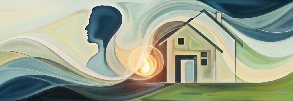 immagine astratta di una testa umana e di una casa con delle onde che le mettono in relazione tra loro