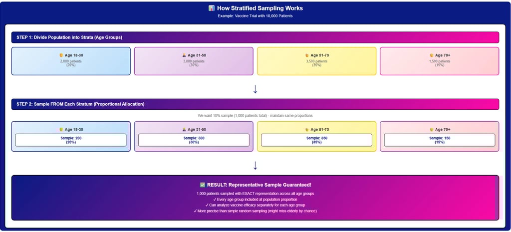 Stratified sampling process showing vaccine trial divided into age strata with proportional samples