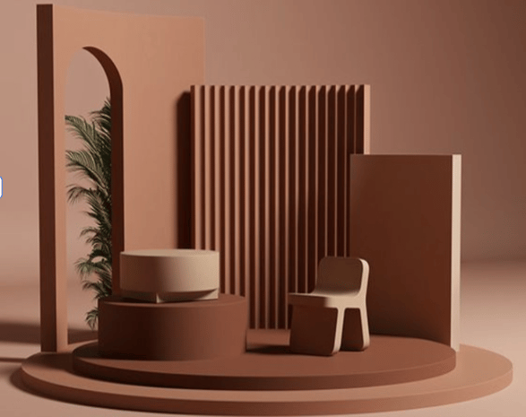 Abstract interior with a podium, vertical panels, and a minimalist chair.