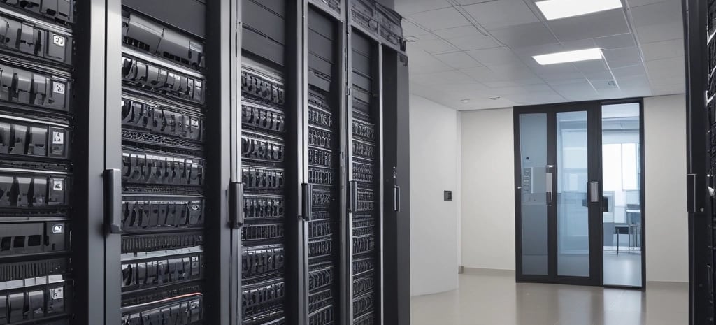 A hand holding a thermal scanner is pointed towards a rack of computer servers. The servers are illuminated with blue LED lights, giving a technological and futuristic feel.