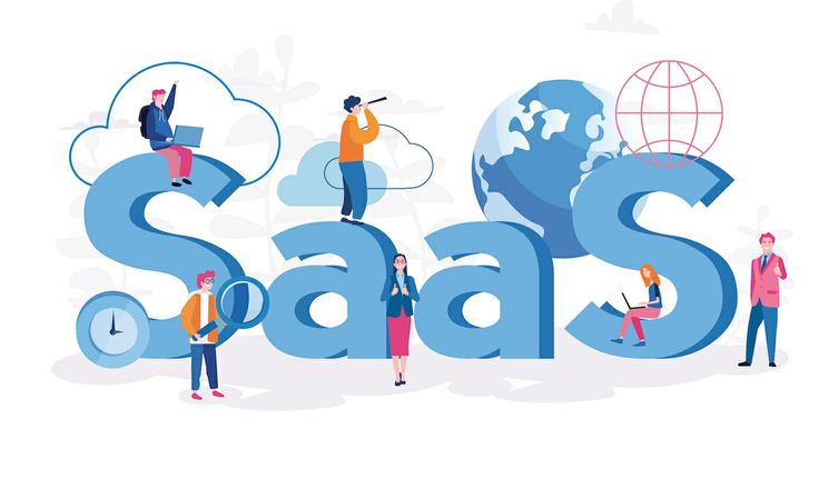  Ilustrasi konsep SaaS yang menunjukkan orang-orang menggunakan aplikasi berbasis cloud dan layanan digital.