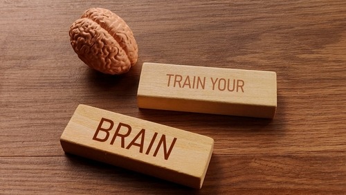 A human brain model next to wooden blocks reading Train Your Brain for cognitive health.
