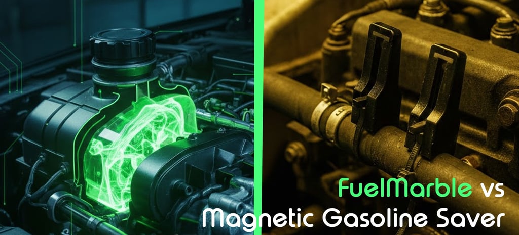 FuelMarble vs Magnetic Saver: side-by-side comparison of green glowing resonant coolant tech vs standard magnetic clip-ons.