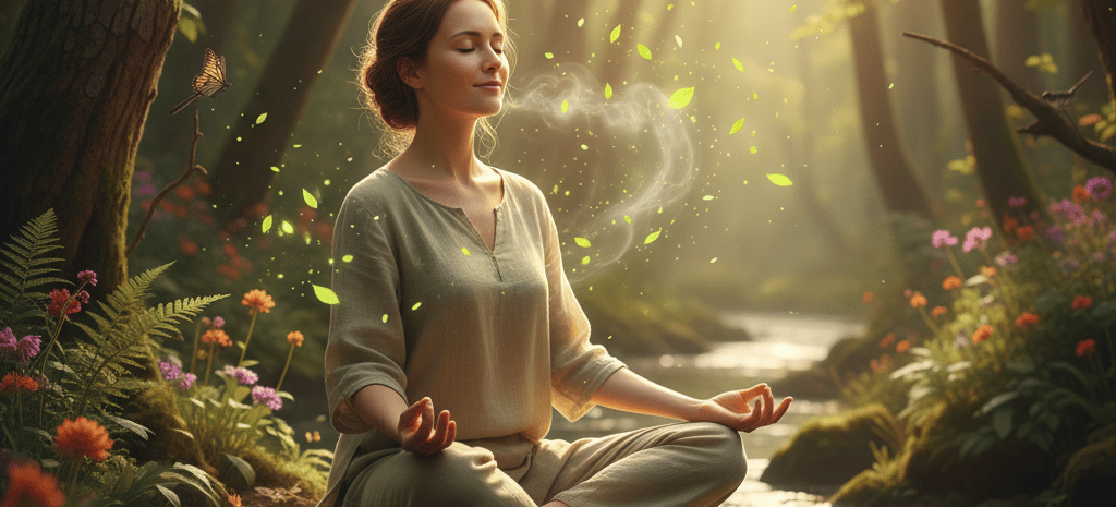 женщина медитирует в лесу у ручья, с закрытыми глазами спокойно вдыхая свежий воздух среди света