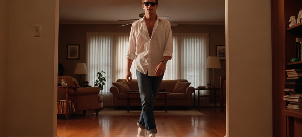 Escena inspirada en Tom Cruise en Risky Business, con camisa blanca y gafas Wayfarer, 