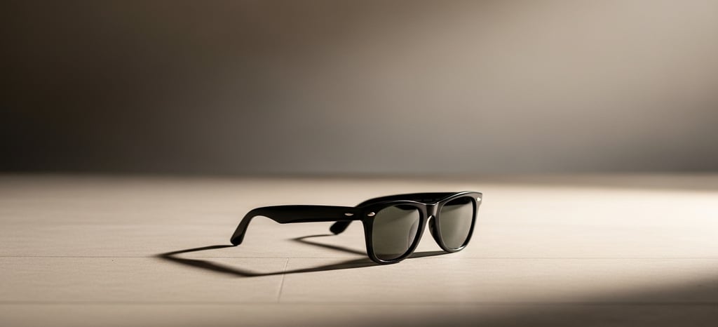 Par de Wayfarer sobre superficie minimalista iluminada con luz suave, simbolizando elegancia, legado