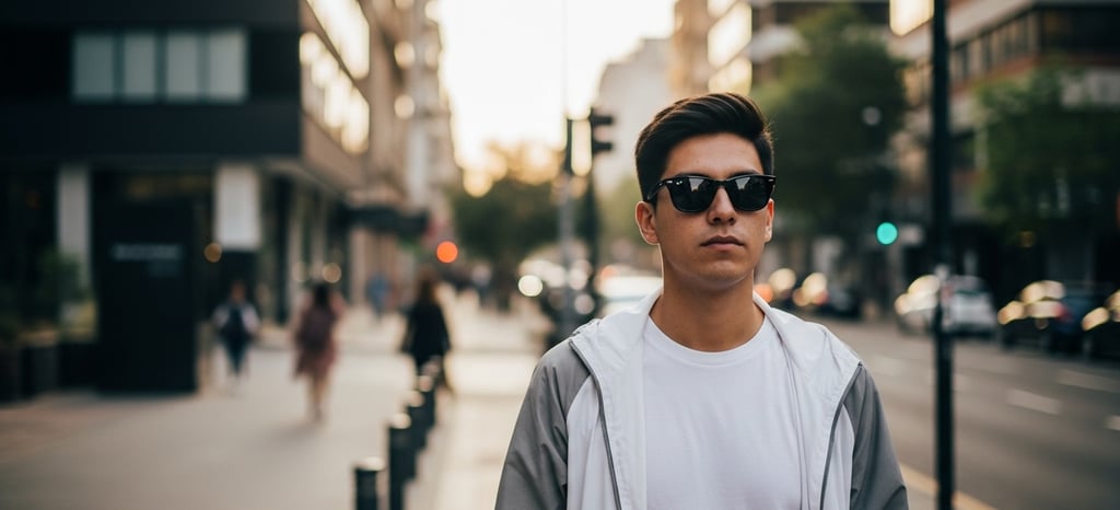 persona con estilo moderno caminando por una calle urbana de Santiago, usando Wayfarer clásicos