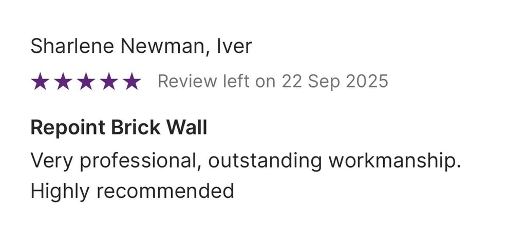 Five-star customer review for repointing a brick wall, praising professional workmanship and quality.