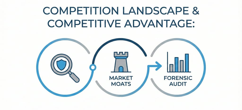Infographic illustrating the process of analyzing competition landscape and market moats to conduct 