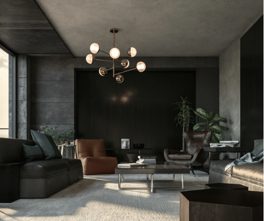 Modern living space with a dark ambiance, accented by a brass light fixture and indoor plants.