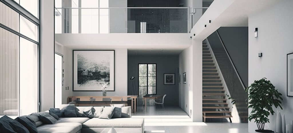 Open-plan living area in a modern apartment with large windows, grey sofa, dining table, and stairs
