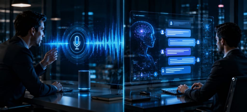 A businessman interacting with an AI chatbot and voice recognition software using a futuristic digital interface.