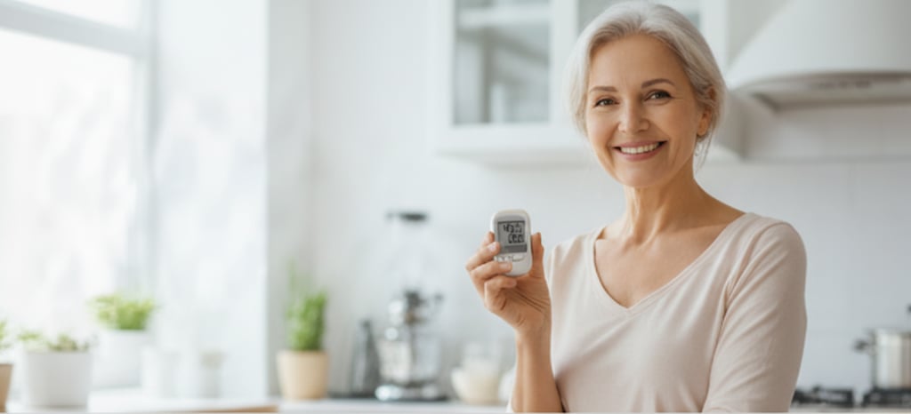 Hero section background showing a smiling elderly woman in a bright kitchen holding a glucose meter.