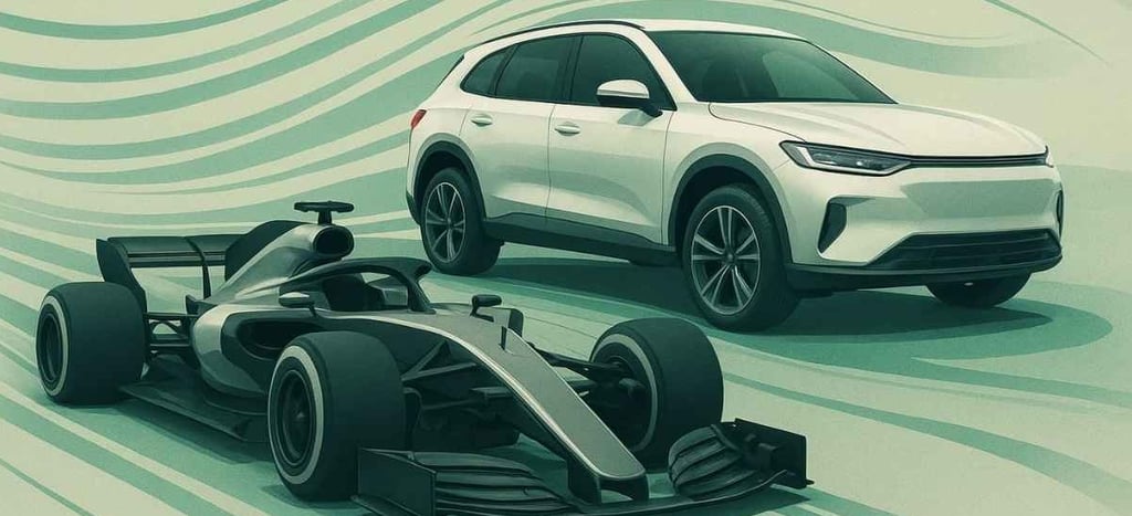 carro de Fórmula 1 e um SUV esportivo moderno, destacando as semelhanças no design aerodinâmico