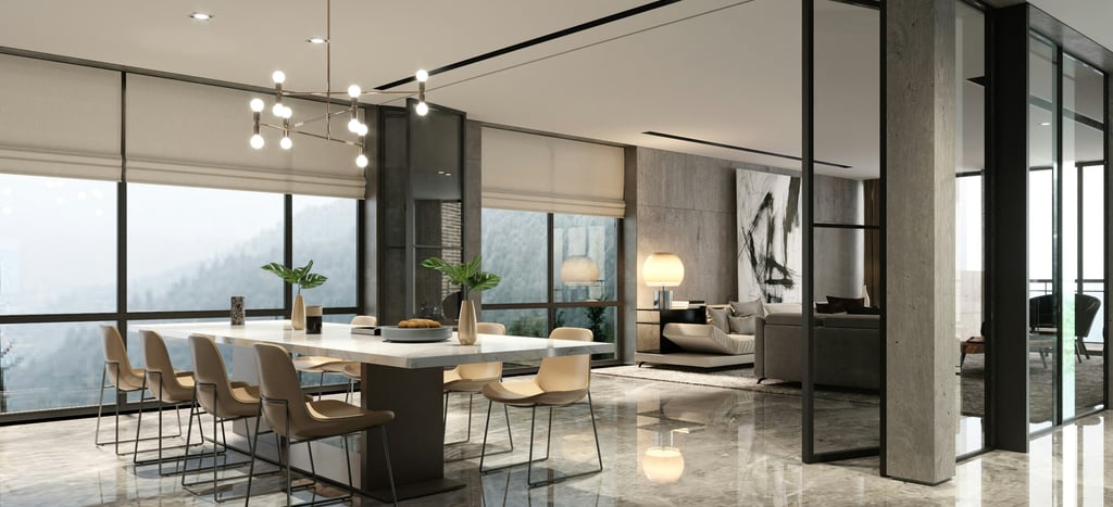 Esempio di tendenze interior design case vacanza con vetrate industriali per separare la zona pranzo