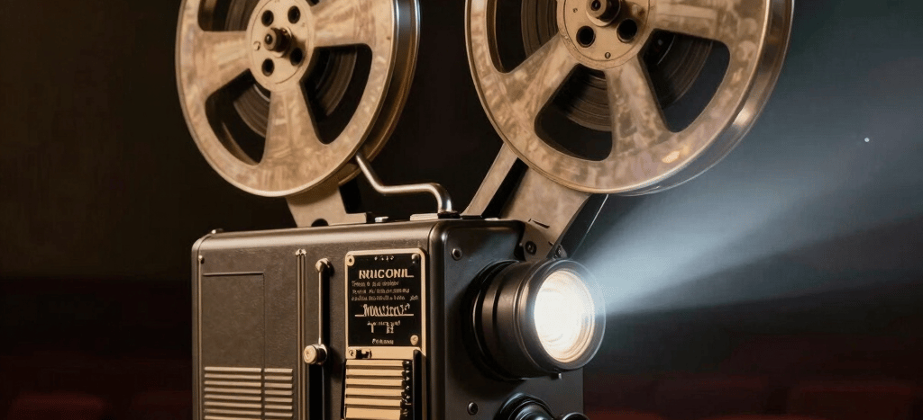 An elegant, cinematic photograph of a classic vintage movie projector shining a beam of light in a dark theater, with warm gold and charcoal color palette, capturing the nostalgic magic of early 90s cinema, North American / US style.