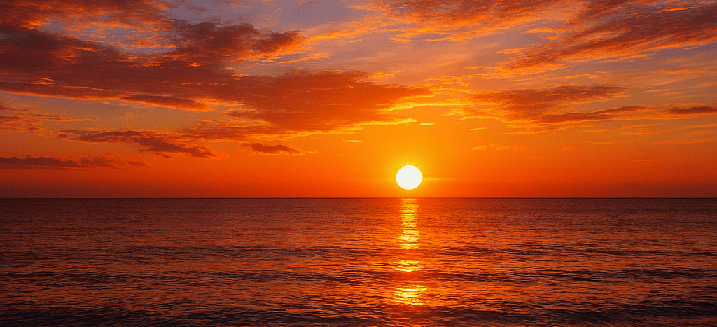 A vibrant orange ocean sunset with red clouds reflecting on the calm beach waves.