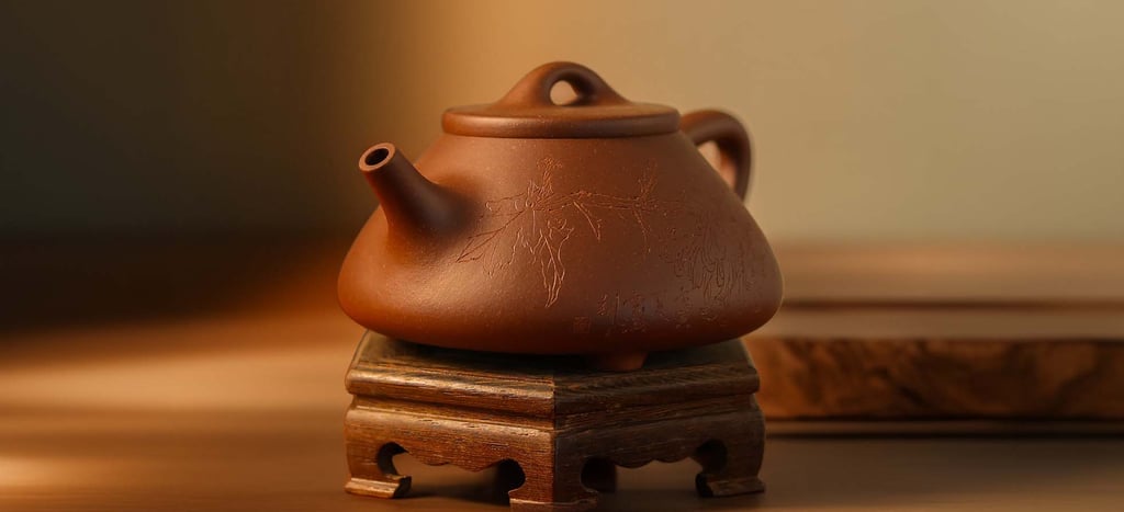 A brown teapot with carved artwork placed on a wooden stand