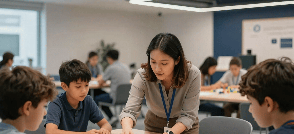 A bright, warm editorial scene in an International / Global learning hub. A teacher and young students engage with hands-on coding blocks and interactive tablet displays on sleek wooden tables, illuminated by modern architectural lighting with subtle sky blue and deep navy design accents.