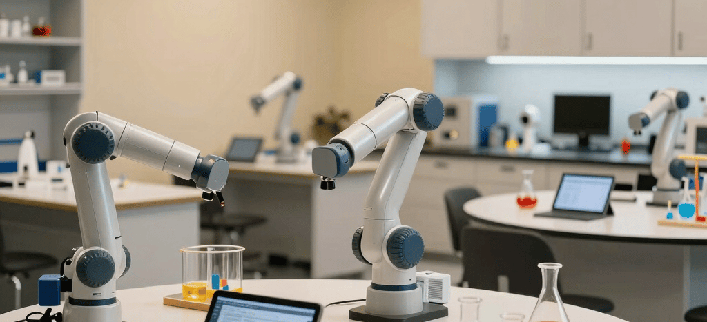 An inspiring modern laboratory environment in an International / Global setting, showcasing friendly robotic setups, tablet workstations, and educational science models arranged neatly on minimalist rounded tables under warm lighting.