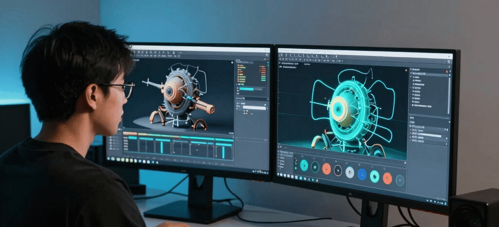 A high-tech VFX studio with Malaysian / Southeast Asian digital artists working on advanced 3D modeling and lighting on dual monitors. Soft ambient shadows, dramatic blue-grey backlighting, and brilliant teal neon reflections.