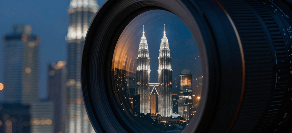 A close-up of a high-end cinema camera lens reflecting the glowing skyline of Kuala Lumpur at twilight. Rich cinematic tone with selective focus, deep dark blue shadows, and subtle cyan light flares.