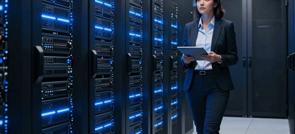 A high-contrast photography shot of a sleek server array corridor in a North American / US data facility. Cool bright ocean blue lights reflect off glossy black paneling and dark navy blue structures. A financial analyst in professional attire walks along the corridor holding a tablet. Sharp, authoritative, modern digital journalism feel.