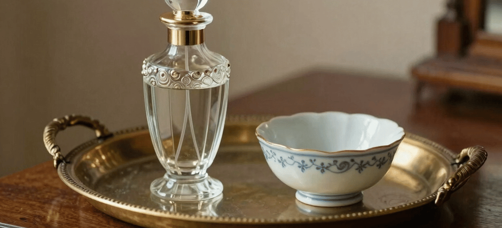 An elegant styling arrangement on a vintage dark wooden dresser. A decorative brass tray holds a delicate vintage glass perfume vial and a small ceramic jewelry bowl. Warm, soft-focus photography.
