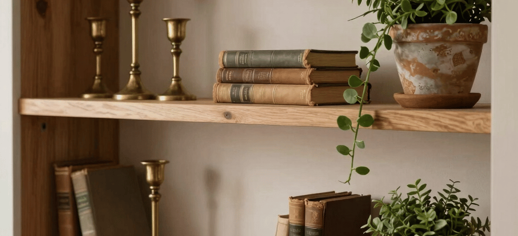 A close-up shot of styled open wooden shelves in a beautifully lit, warm Western European kitchen. Styled with vintage brass candlesticks, small old hardcover books in muted brown and soft beige colors, and a green trailing plant in a weathered clay pot.