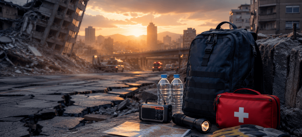 Emergency survival kit with first aid, water, and radio in a earthquake disaster city at sunset.