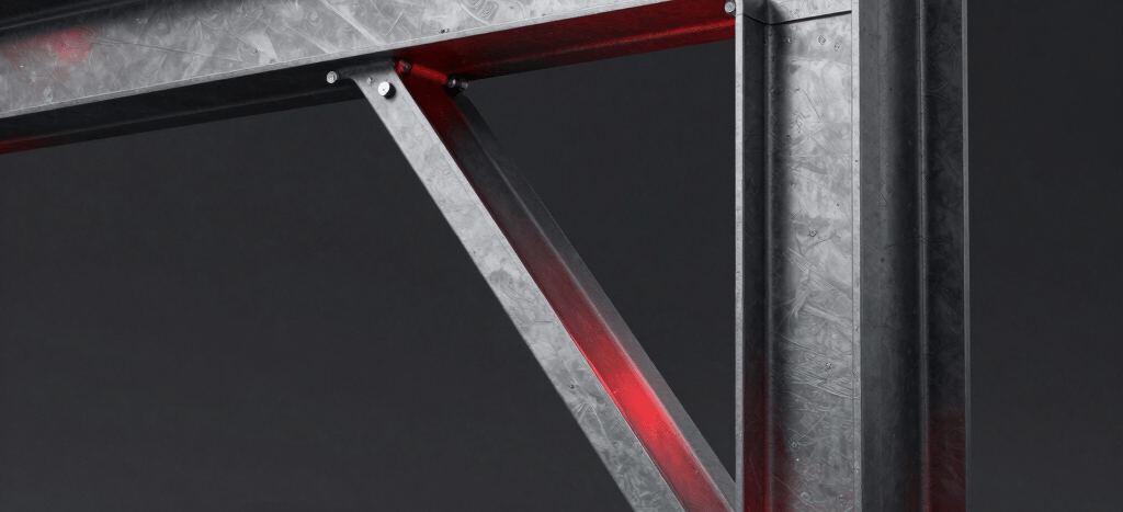 A dynamic 3D rendering of a steel beam structural framework, glowing crimson accents, dark charcoal background, realistic metallic texture, studio lighting, dramatic shadows, set in the United Kingdom.