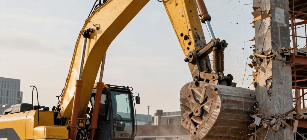 A professional architectural demolition site in London, United Kingdom. A colossal excavator with hydraulic shears is breaking a concrete column, golden hour sunlight highlighting dust particles, dramatic contrast, red steel beams, 3D architectural photorealism.