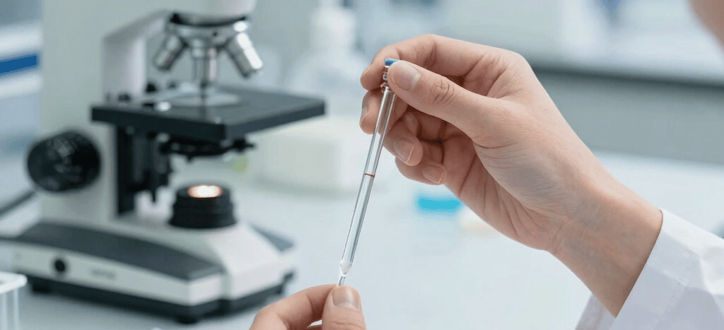 Close-up cinematic shot of hands of a Western European student in a pristine medical laboratory, holding an elegant glass pipette over a sample, with structured clinical notes and high-end microscopes beautifully blurred in the background. Scientific, crisp, and high-contrast lighting with slate and soft sky blue color tones.