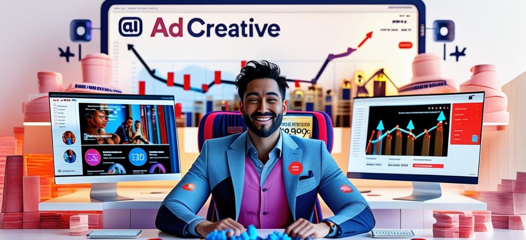 AI-powered ad design workspace with marketing professional reviewing successful campaign results